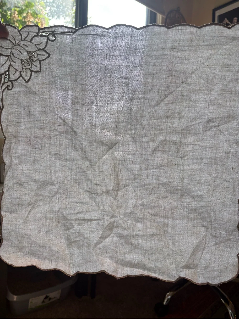 Vintage White Lotus Embroidered Linen Handkerchief/Napkin